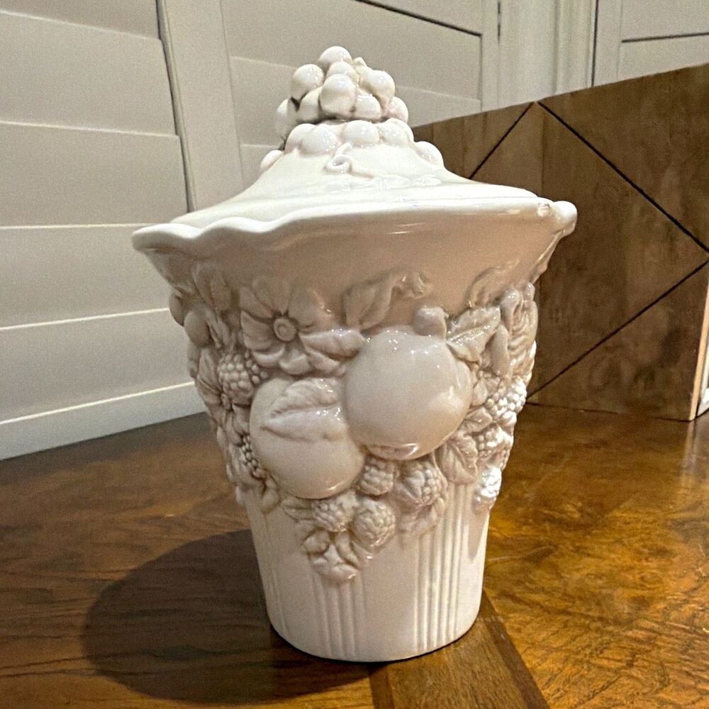 Vintage Bella Casa by Ganz White Ceramic Fruit Relief Jar / Canister with Lid